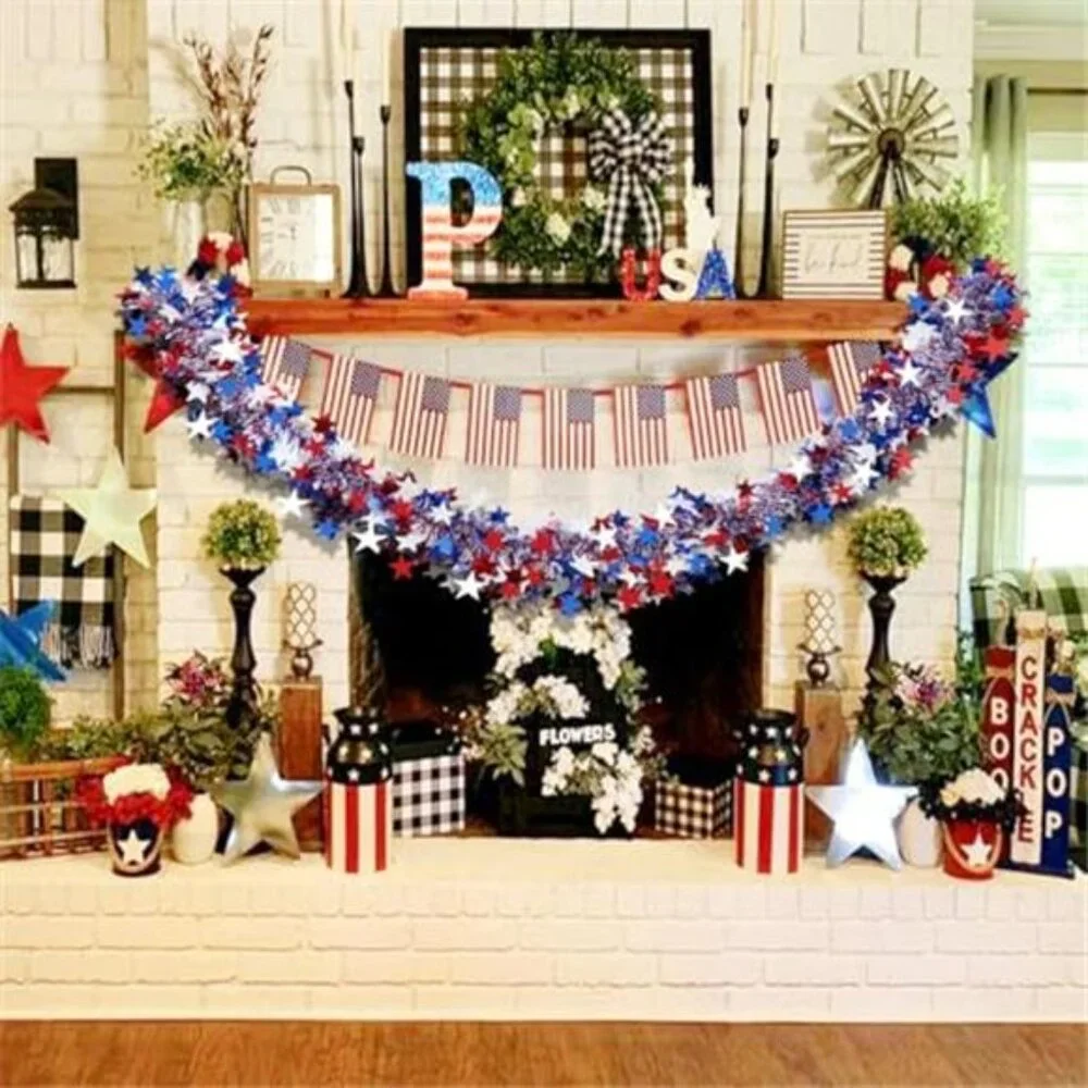 4th of July Garland Decorations 50Ft Glitter Tinsel Patriotic Decor